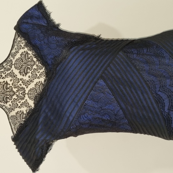 montique Dresses & Skirts - Montique, blue with black lace overlay, bodycon dress, size 10
